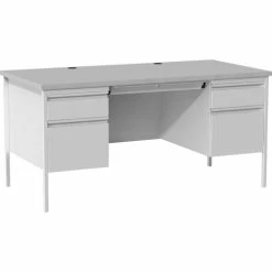 Deals 🌟 Grey Double Pedestal Steel/Laminate Desk, 2 Pedestals, 30" Height X 29.50" Width X 60" Depth, Gray, Laminated, Steel 😍