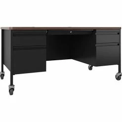 Promo 😀 Desk, Double-Pedestal, Mobile, 60"x30"x29-1/2", Walnut/Black 🔔