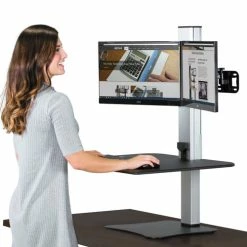 New 🔥 DC450 High Rise Electric Dual Monitor Standing Desk Workstation, 28w X 23d X 20.25h, Black/Aluminum ⌛