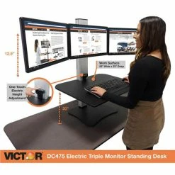 Cheap 😉 High Rise Electric Triple Monitor Standing Desk - 23" To 34" Screen Support - 37.50 Lb Load Capacity - 20" Height X 28" Width X 23" Depth - Desktop, Tabletop - High Pressure Laminate (HPL) - Wood, Steel, Aluminum - Black, Aluminum 🧨 -Essentials shop VCTDC475 4